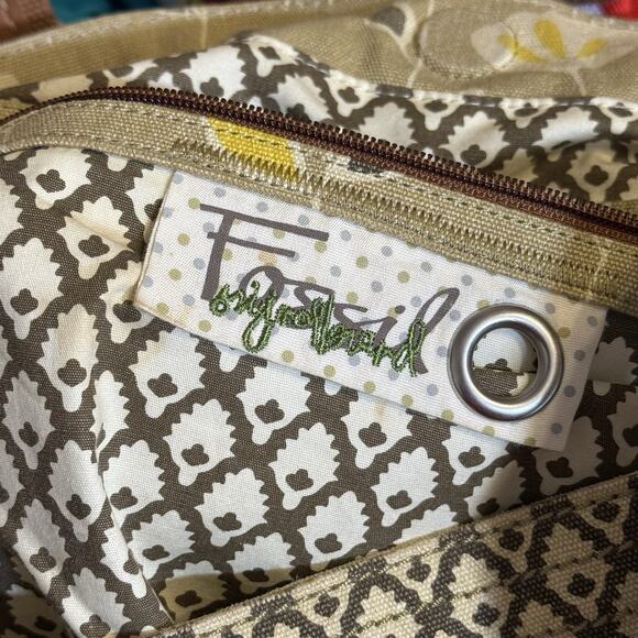 Fossil Floral Canvas Purse Bag 6 Pockets Two Handles 18”x14” Boho - Picture 9 of 9